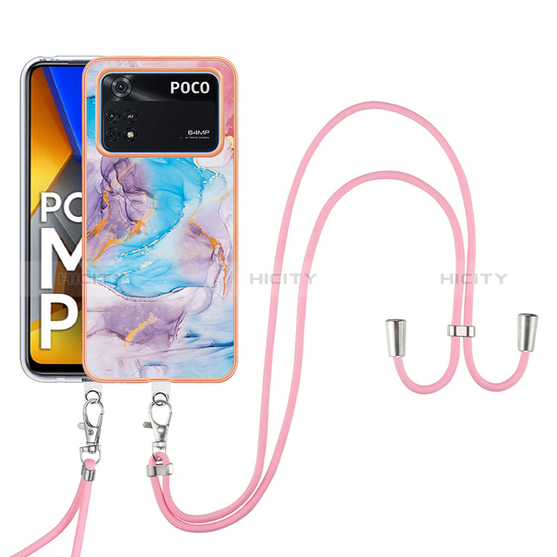 Funda Silicona Gel Goma Patron de Moda Carcasa con Acollador Cordon Lanyard YB3 para Xiaomi Poco M4 Pro 4G Azul