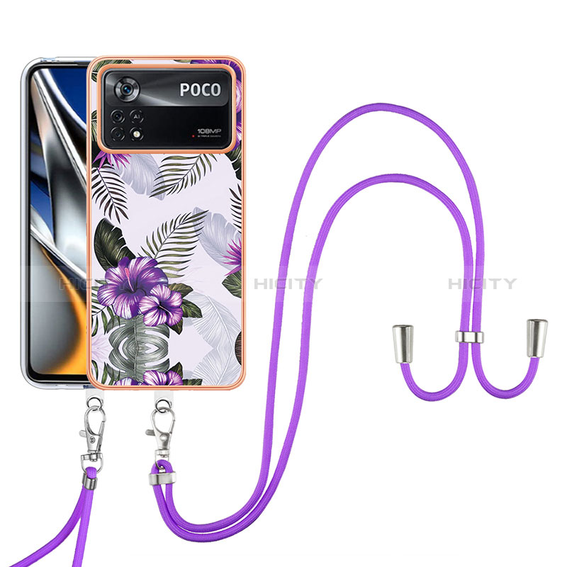 Funda Silicona Gel Goma Patron de Moda Carcasa con Acollador Cordon Lanyard YB3 para Xiaomi Poco X4 Pro 5G Morado