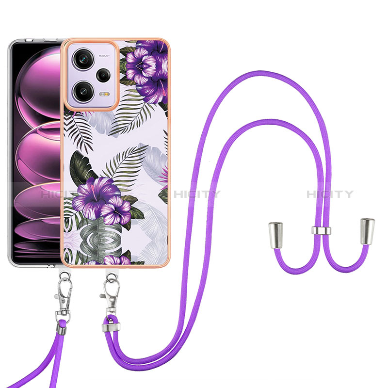 Funda Silicona Gel Goma Patron de Moda Carcasa con Acollador Cordon Lanyard YB3 para Xiaomi Redmi Note 12 Pro 5G Morado