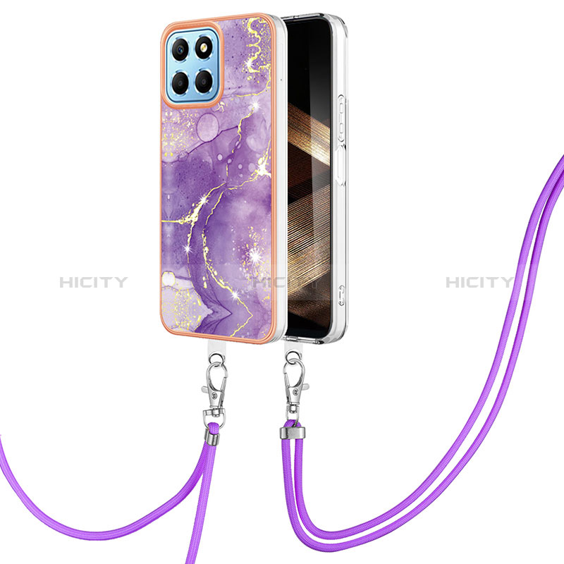 Funda Silicona Gel Goma Patron de Moda Carcasa con Acollador Cordon Lanyard YB5 para Huawei Honor X8b Morado