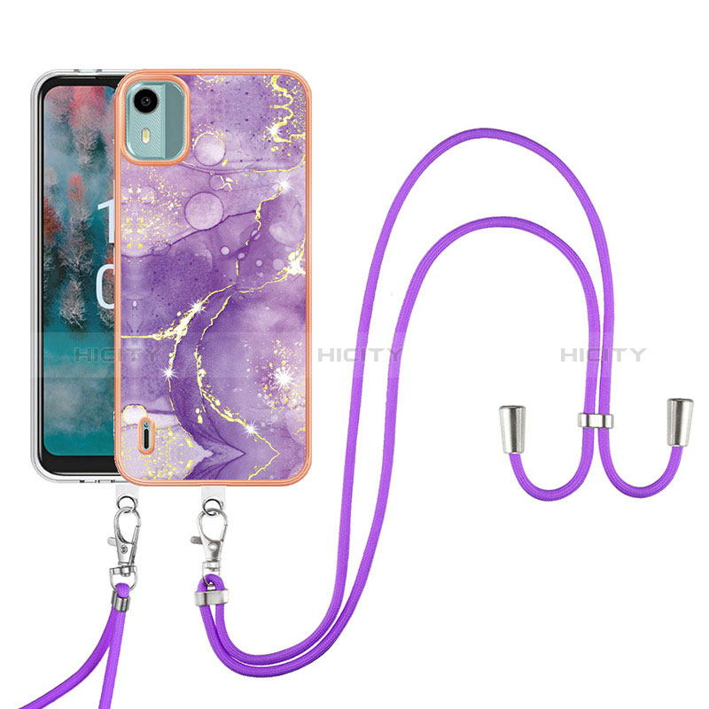 Funda Silicona Gel Goma Patron de Moda Carcasa con Acollador Cordon Lanyard YB5 para Nokia C12 Morado