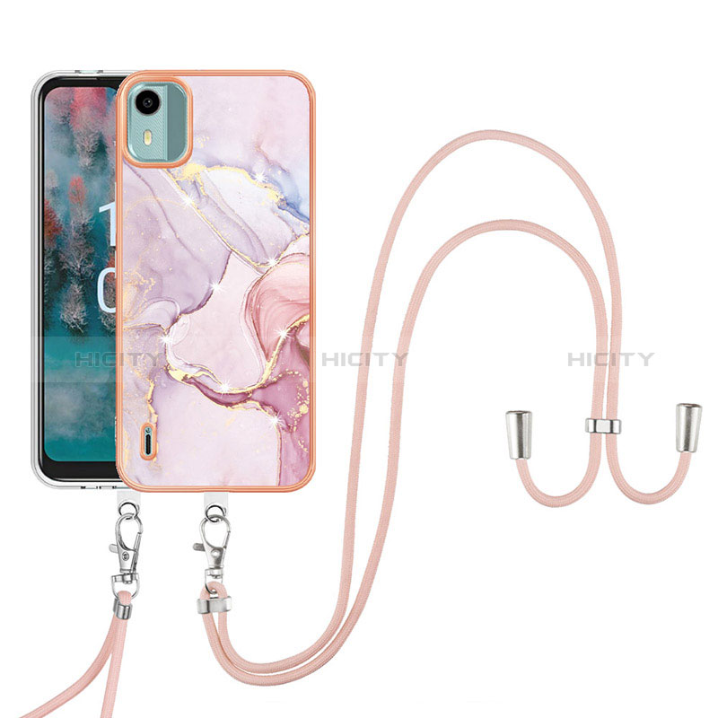 Funda Silicona Gel Goma Patron de Moda Carcasa con Acollador Cordon Lanyard YB5 para Nokia C12 Pro Rosa