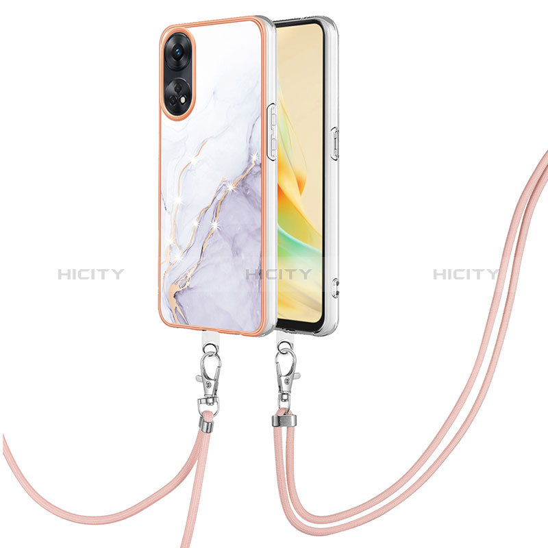 Funda Silicona Gel Goma Patron de Moda Carcasa con Acollador Cordon Lanyard YB5 para Oppo Reno8 T 4G Blanco