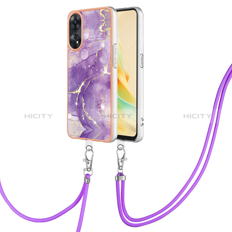 Funda Silicona Gel Goma Patron de Moda Carcasa con Acollador Cordon Lanyard YB5 para Oppo Reno8 T 4G Morado