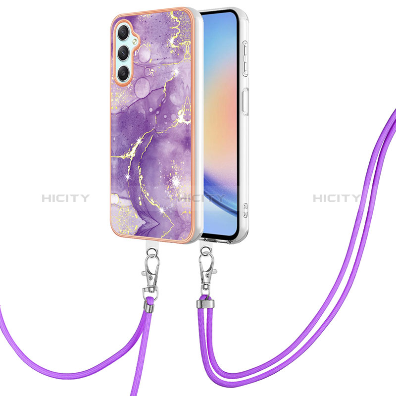 Funda Silicona Gel Goma Patron de Moda Carcasa con Acollador Cordon Lanyard YB5 para Samsung Galaxy A24 4G Morado