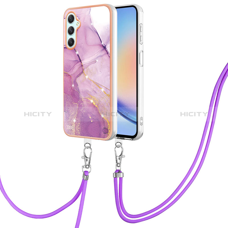 Funda Silicona Gel Goma Patron de Moda Carcasa con Acollador Cordon Lanyard YB5 para Samsung Galaxy A24 4G Purpura Claro