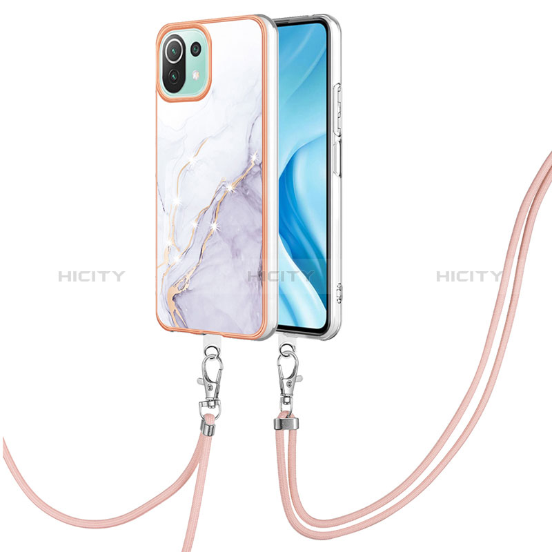 Funda Silicona Gel Goma Patron de Moda Carcasa con Acollador Cordon Lanyard YB5 para Xiaomi Mi 11 Lite 5G Blanco