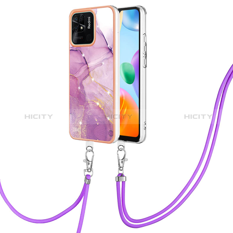 Funda Silicona Gel Goma Patron de Moda Carcasa con Acollador Cordon Lanyard YB5 para Xiaomi Redmi 10 Power Purpura Claro