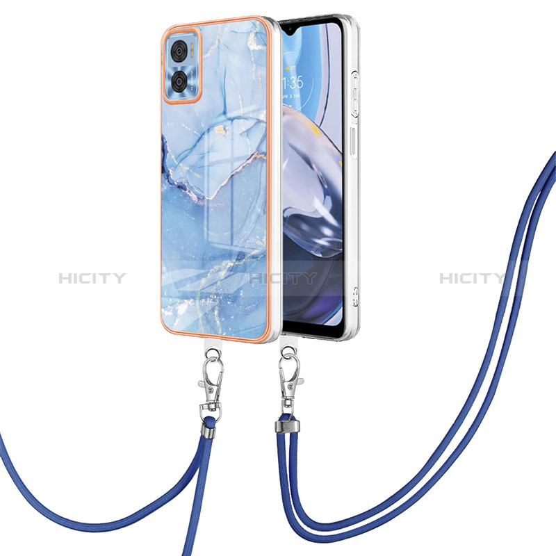 Funda Silicona Gel Goma Patron de Moda Carcasa con Acollador Cordon Lanyard YB7 para Motorola Moto E22 Azul