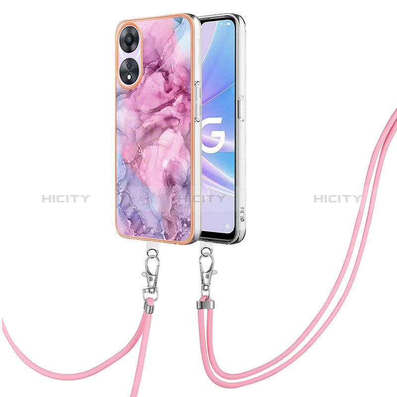 Funda Silicona Gel Goma Patron de Moda Carcasa con Acollador Cordon Lanyard YB7 para Oppo A58 5G Rosa