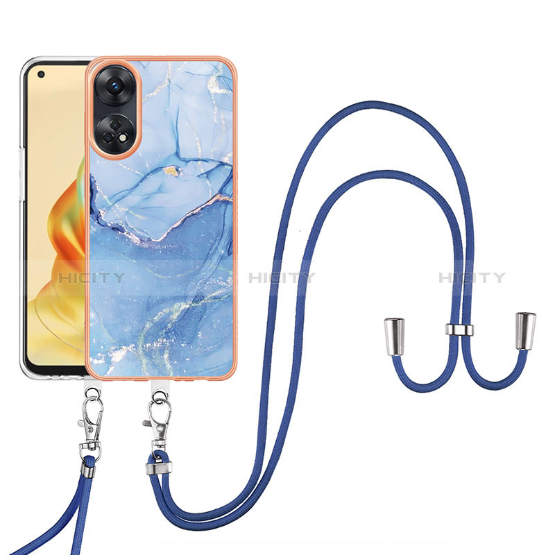 Funda Silicona Gel Goma Patron de Moda Carcasa con Acollador Cordon Lanyard YB7 para Oppo Reno8 T 4G Azul