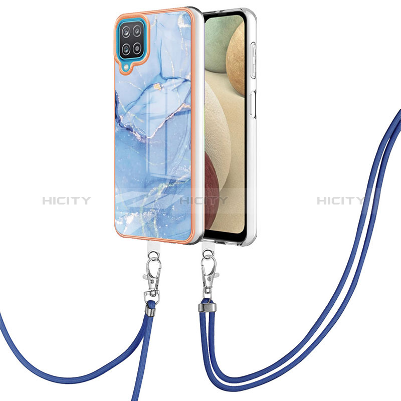 Funda Silicona Gel Goma Patron de Moda Carcasa con Acollador Cordon Lanyard YB7 para Samsung Galaxy A12 5G Azul