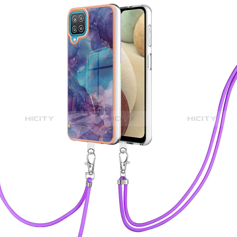 Funda Silicona Gel Goma Patron de Moda Carcasa con Acollador Cordon Lanyard YB7 para Samsung Galaxy A12 Morado