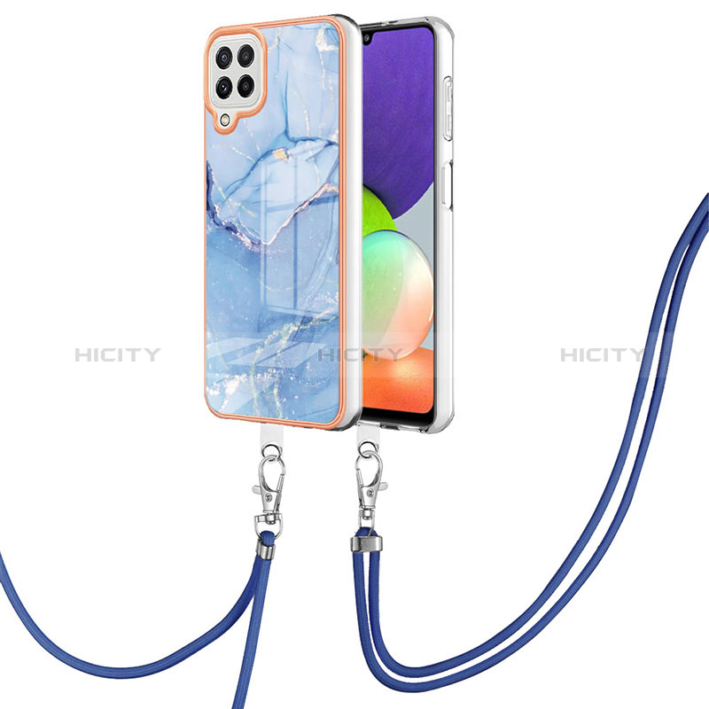 Funda Silicona Gel Goma Patron de Moda Carcasa con Acollador Cordon Lanyard YB7 para Samsung Galaxy A22 4G Azul