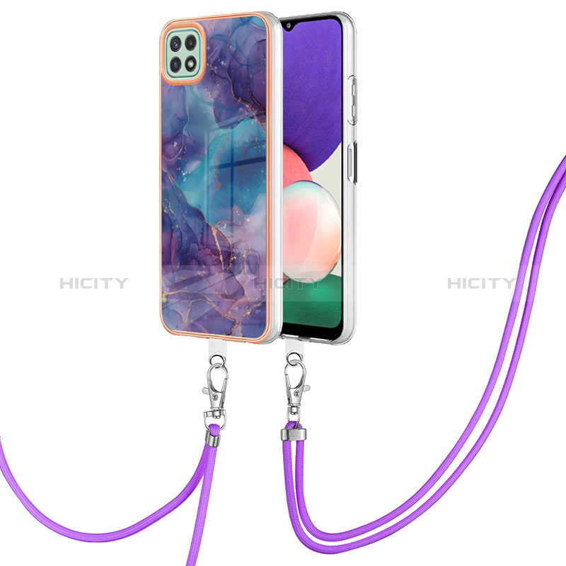 Funda Silicona Gel Goma Patron de Moda Carcasa con Acollador Cordon Lanyard YB7 para Samsung Galaxy A22s 5G Morado