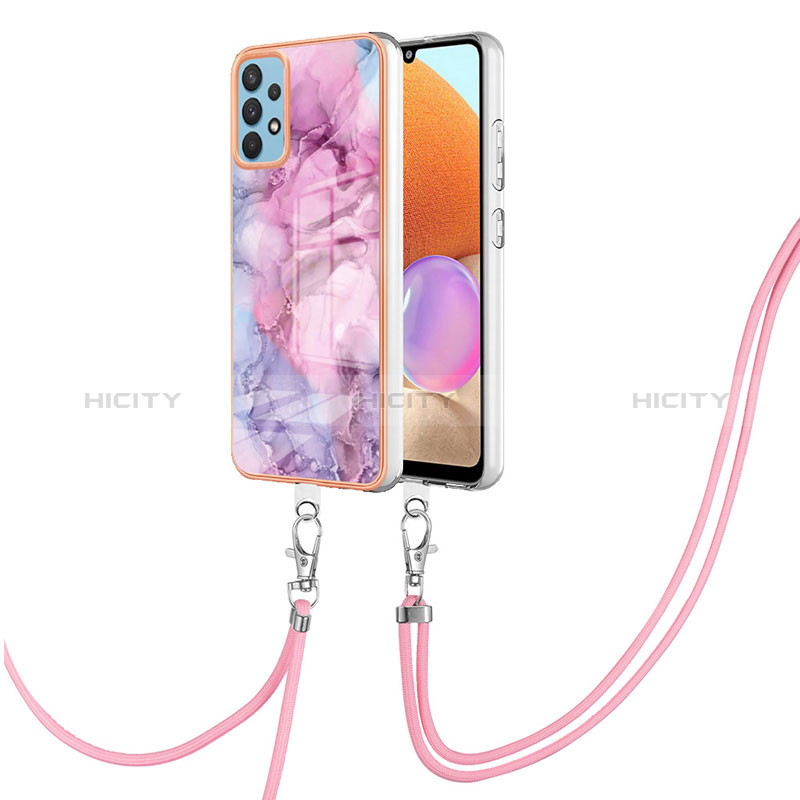 Funda Silicona Gel Goma Patron de Moda Carcasa con Acollador Cordon Lanyard YB7 para Samsung Galaxy A32 4G Purpura Claro