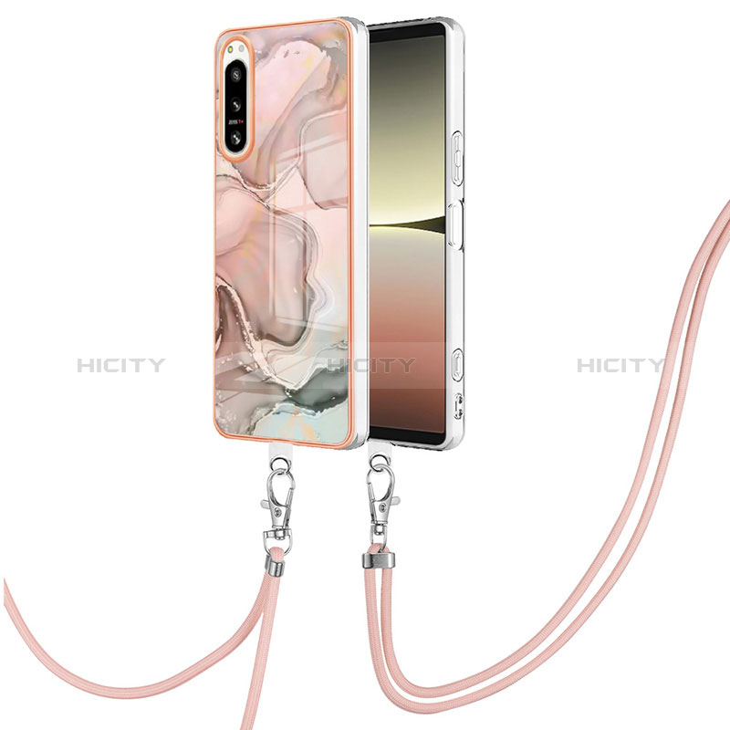 Funda Silicona Gel Goma Patron de Moda Carcasa con Acollador Cordon Lanyard YB7 para Sony Xperia 5 IV Rosa