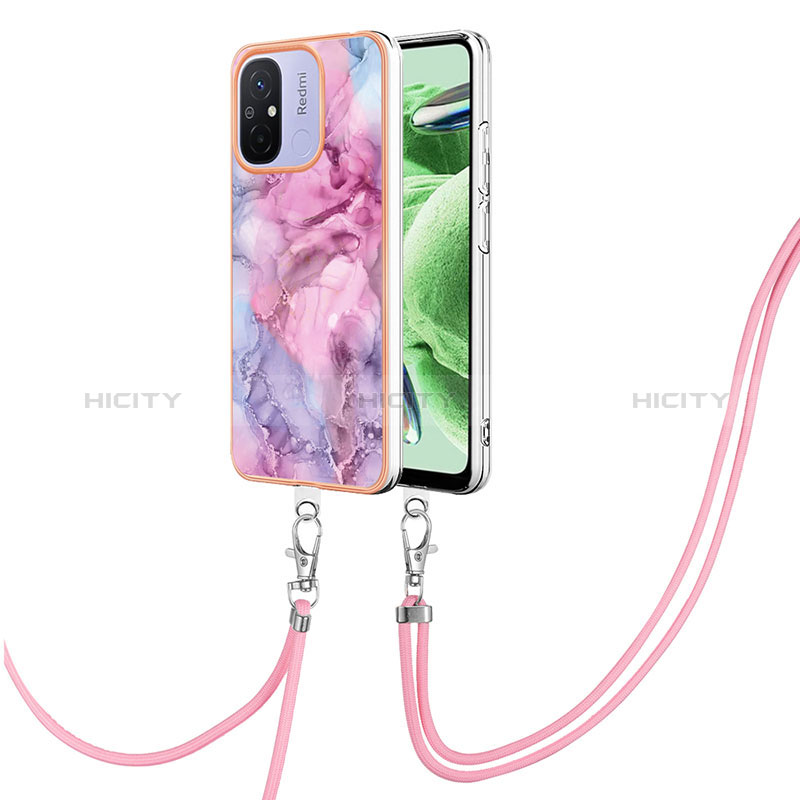 Funda Silicona Gel Goma Patron de Moda Carcasa con Acollador Cordon Lanyard YB7 para Xiaomi Poco C55 Purpura Claro