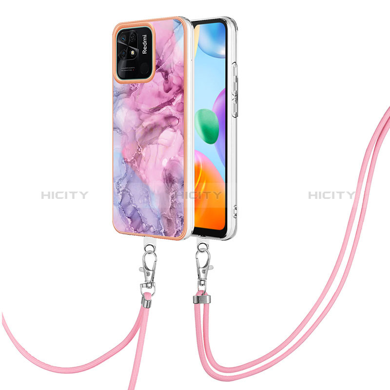 Funda Silicona Gel Goma Patron de Moda Carcasa con Acollador Cordon Lanyard YB7 para Xiaomi Redmi 10 India Purpura Claro