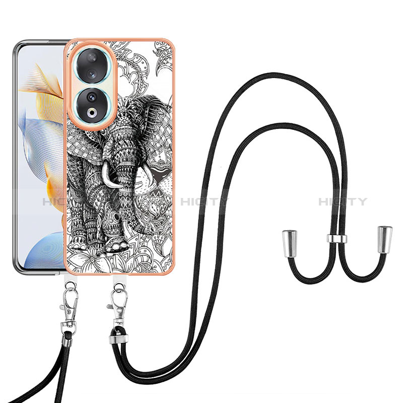 Funda Silicona Gel Goma Patron de Moda Carcasa con Acollador Cordon Lanyard YB8 para Huawei Honor 90 5G Gris