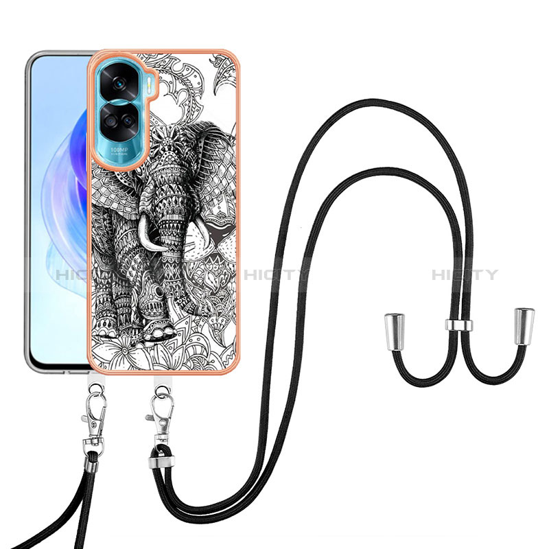 Funda Silicona Gel Goma Patron de Moda Carcasa con Acollador Cordon Lanyard YB8 para Huawei Honor 90 Lite 5G Gris