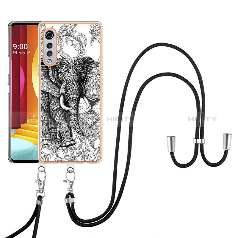 Funda Silicona Gel Goma Patron de Moda Carcasa con Acollador Cordon Lanyard YB8 para LG Velvet 4G Gris