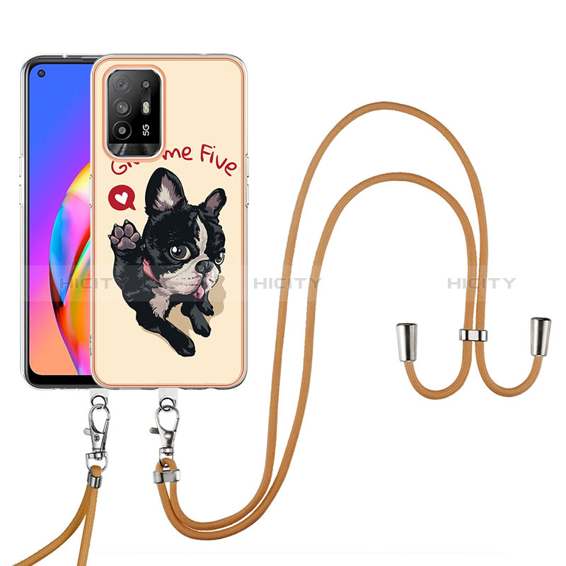 Funda Silicona Gel Goma Patron de Moda Carcasa con Acollador Cordon Lanyard YB8 para Oppo A94 5G Caqui