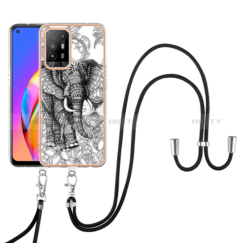 Funda Silicona Gel Goma Patron de Moda Carcasa con Acollador Cordon Lanyard YB8 para Oppo A94 5G Gris