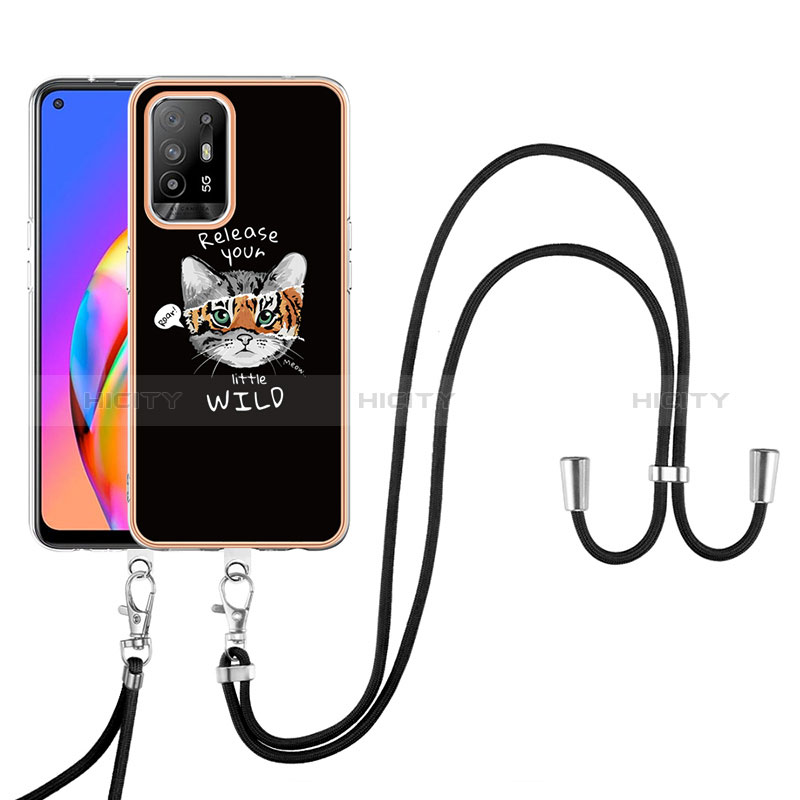 Funda Silicona Gel Goma Patron de Moda Carcasa con Acollador Cordon Lanyard YB8 para Oppo A94 5G Negro