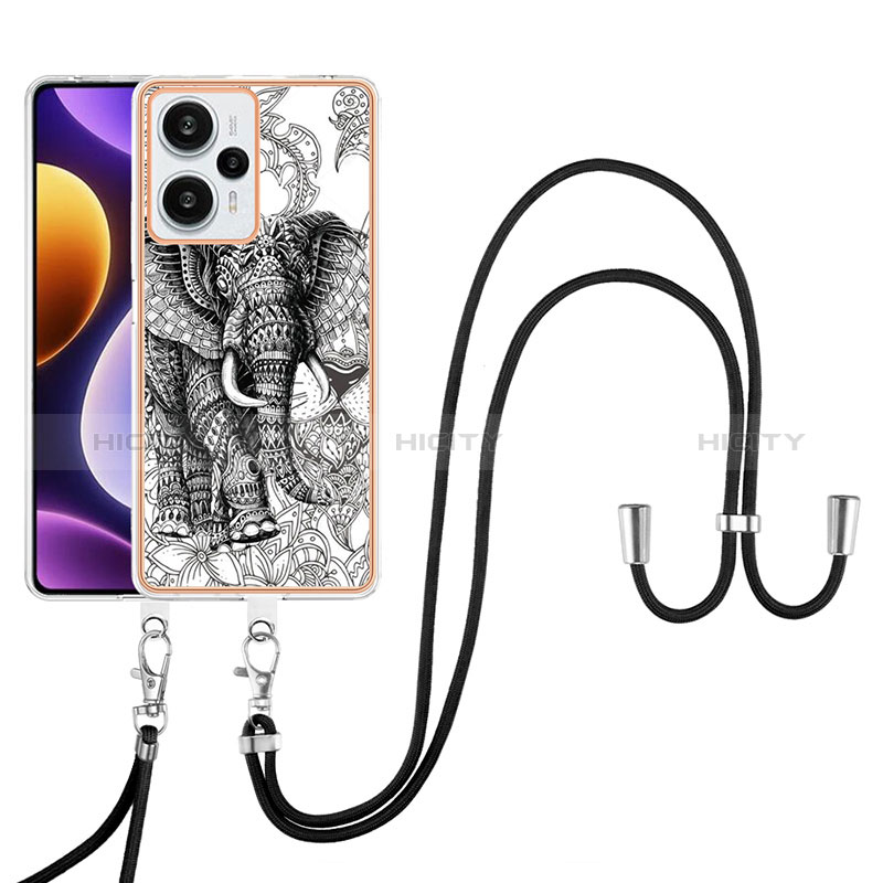 Funda Silicona Gel Goma Patron de Moda Carcasa con Acollador Cordon Lanyard YB8 para Xiaomi Poco F5 5G Gris