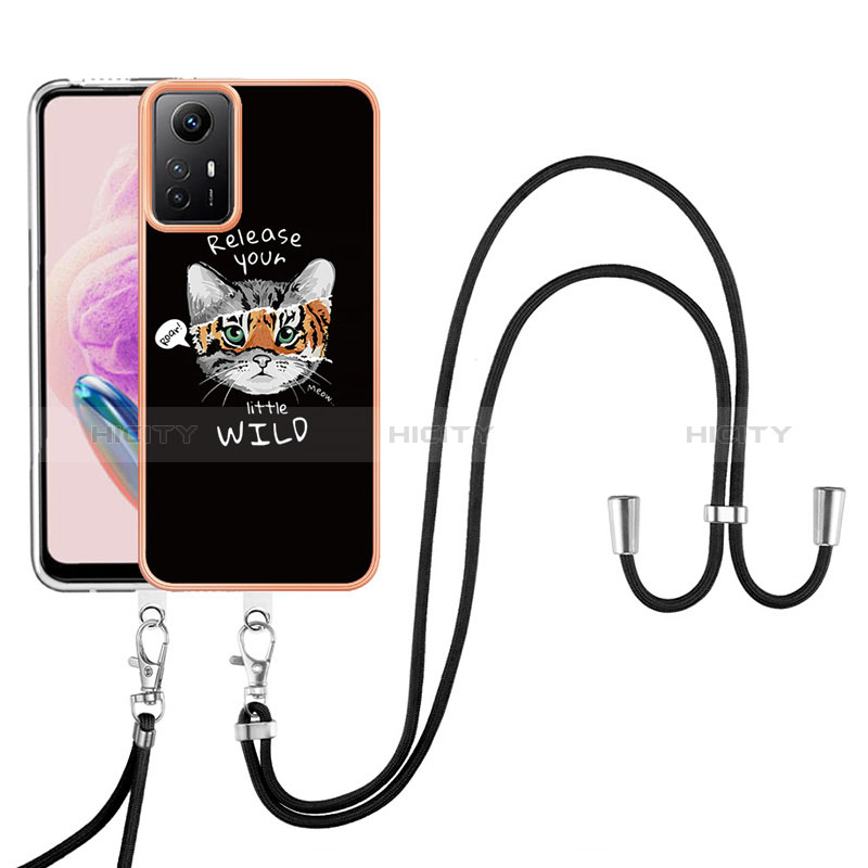 Funda Silicona Gel Goma Patron de Moda Carcasa con Acollador Cordon Lanyard YB8 para Xiaomi Redmi Note 12S Negro