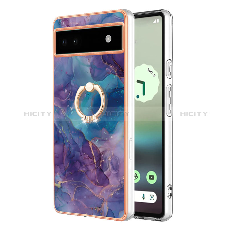 Funda Silicona Gel Goma Patron de Moda Carcasa con Anillo de dedo Soporte Y01B para Google Pixel 6a 5G Morado