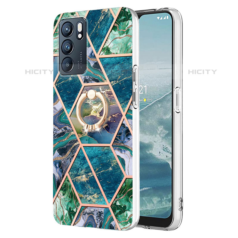 Funda Silicona Gel Goma Patron de Moda Carcasa con Anillo de dedo Soporte Y01B para Oppo Reno6 5G Verde Noche