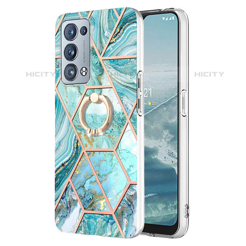 Funda Silicona Gel Goma Patron de Moda Carcasa con Anillo de dedo Soporte Y01B para Oppo Reno6 Pro 5G Menta Verde