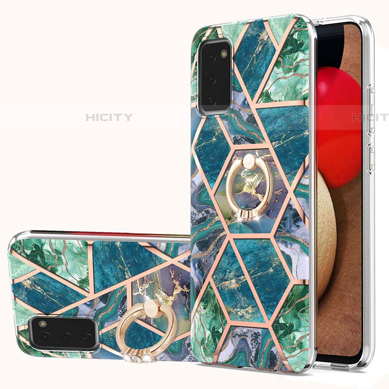 Funda Silicona Gel Goma Patron de Moda Carcasa con Anillo de dedo Soporte Y01B para Samsung Galaxy A03s Verde Noche