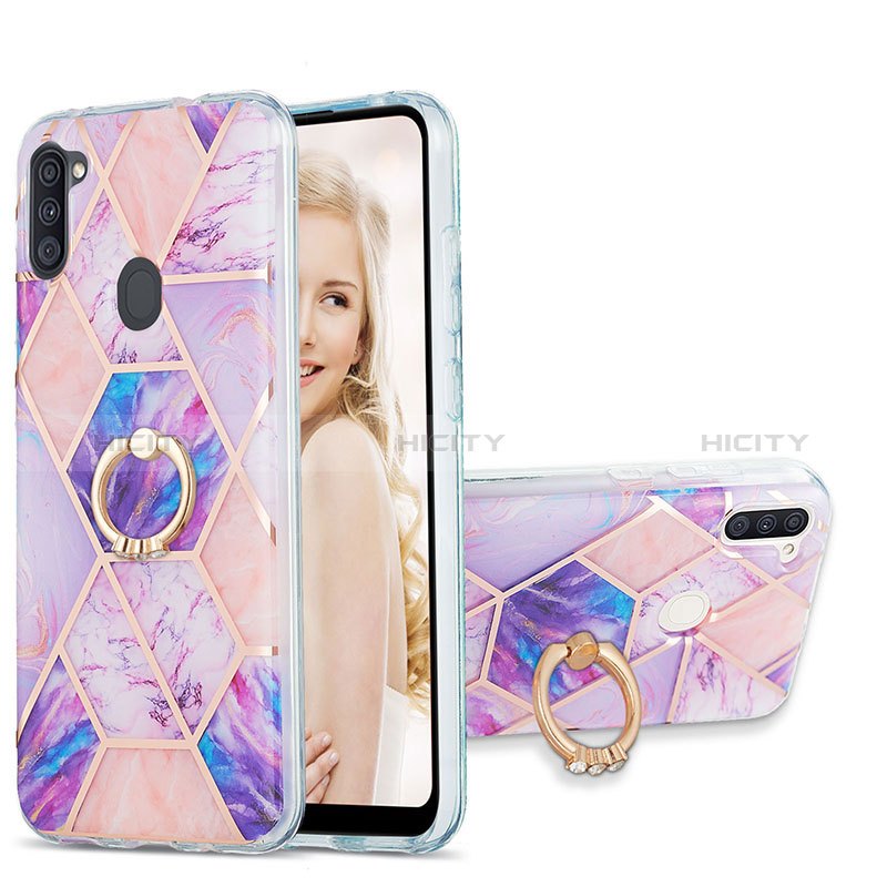 Funda Silicona Gel Goma Patron de Moda Carcasa con Anillo de dedo Soporte Y01B para Samsung Galaxy A11 Purpura Claro