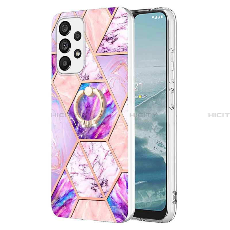 Funda Silicona Gel Goma Patron de Moda Carcasa con Anillo de dedo Soporte Y01B para Samsung Galaxy A13 4G Purpura Claro