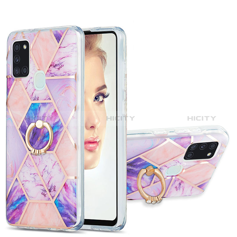 Funda Silicona Gel Goma Patron de Moda Carcasa con Anillo de dedo Soporte Y01B para Samsung Galaxy A21s Purpura Claro