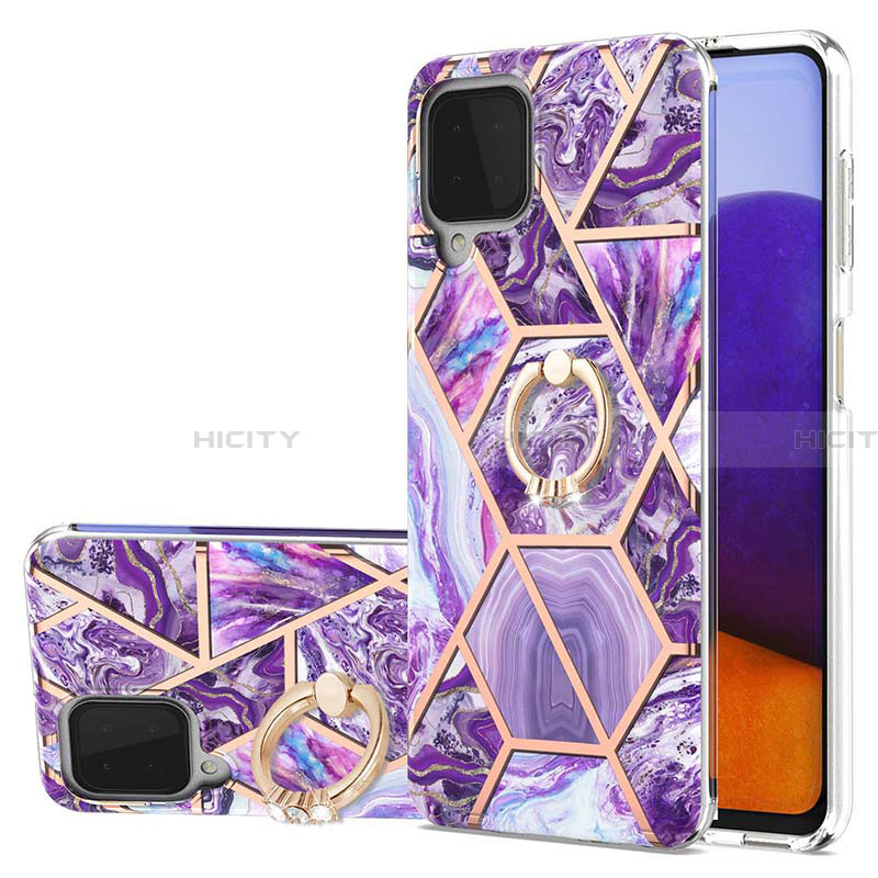 Funda Silicona Gel Goma Patron de Moda Carcasa con Anillo de dedo Soporte Y01B para Samsung Galaxy A22 4G Morado