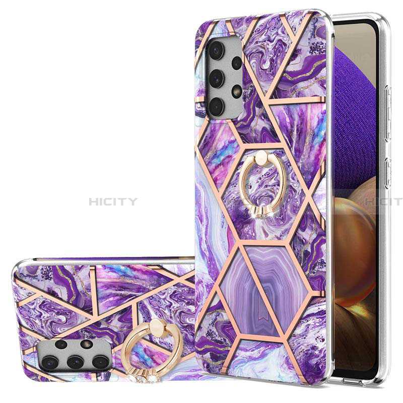 Funda Silicona Gel Goma Patron de Moda Carcasa con Anillo de dedo Soporte Y01B para Samsung Galaxy A32 4G Morado