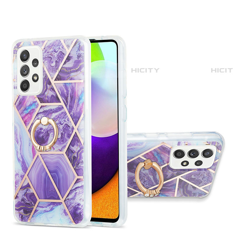 Funda Silicona Gel Goma Patron de Moda Carcasa con Anillo de dedo Soporte Y01B para Samsung Galaxy A52 4G Morado