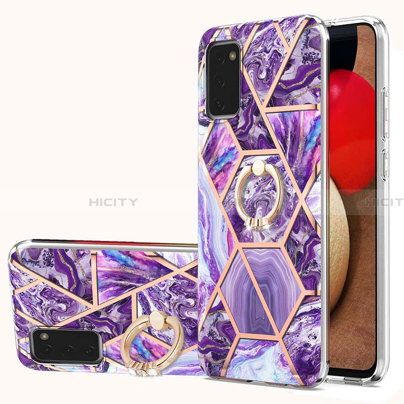 Funda Silicona Gel Goma Patron de Moda Carcasa con Anillo de dedo Soporte Y01B para Samsung Galaxy F02S SM-E025F Morado