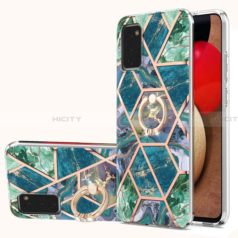 Funda Silicona Gel Goma Patron de Moda Carcasa con Anillo de dedo Soporte Y01B para Samsung Galaxy F02S SM-E025F Verde Noche