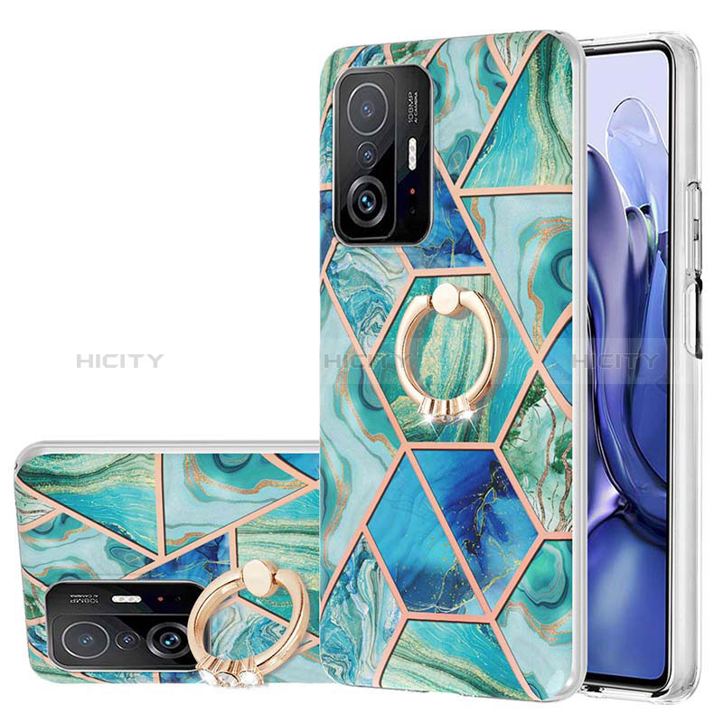 Funda Silicona Gel Goma Patron de Moda Carcasa con Anillo de dedo Soporte Y01B para Xiaomi Mi 11T Pro 5G Verde