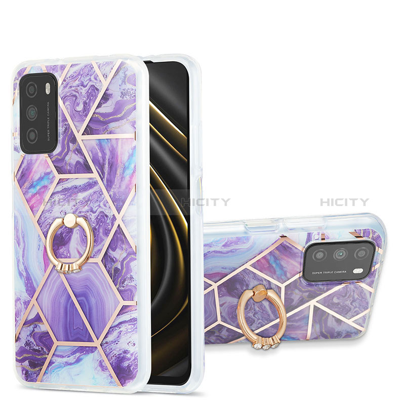 Funda Silicona Gel Goma Patron de Moda Carcasa con Anillo de dedo Soporte Y01B para Xiaomi Poco M3 Morado