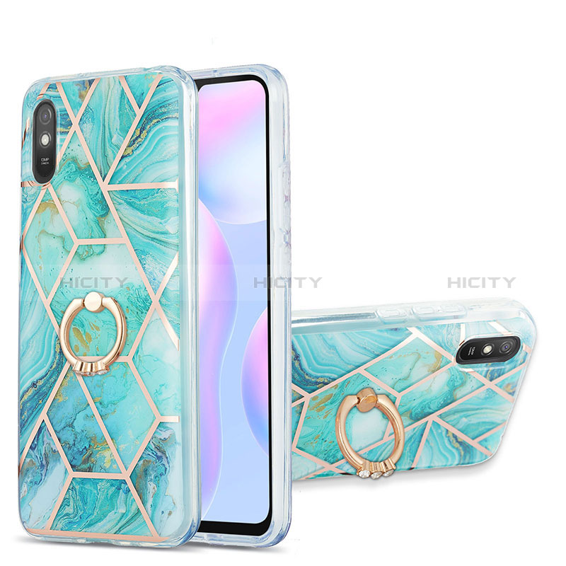 Funda Silicona Gel Goma Patron de Moda Carcasa con Anillo de dedo Soporte Y01B para Xiaomi Redmi 9A Menta Verde