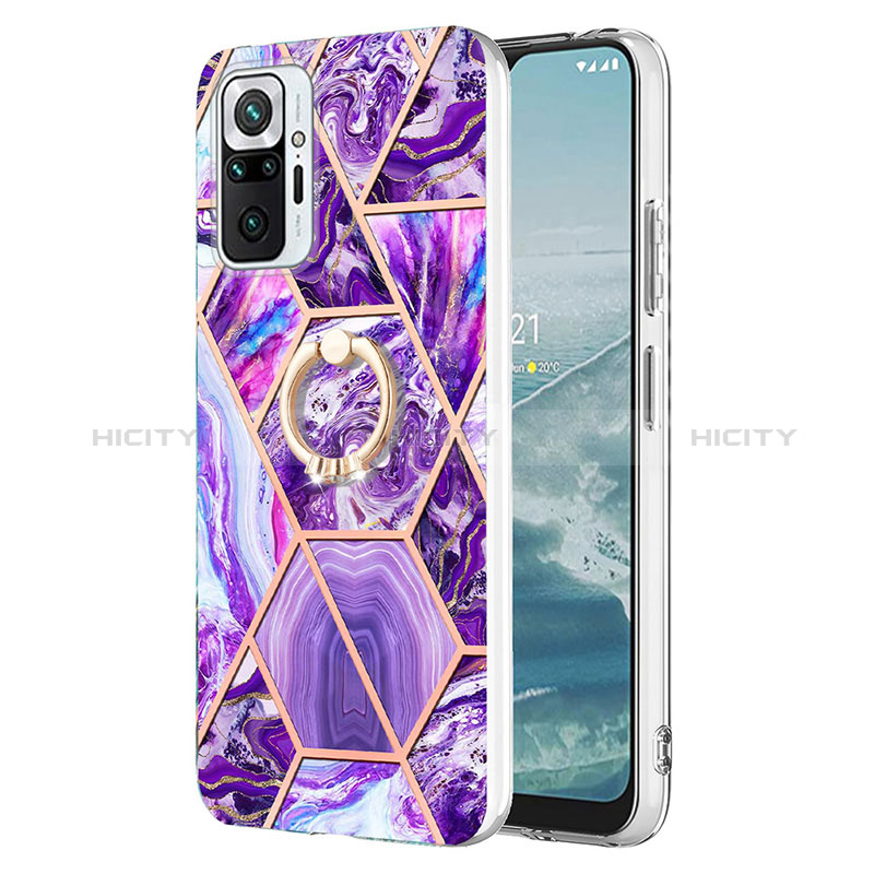 Funda Silicona Gel Goma Patron de Moda Carcasa con Anillo de dedo Soporte Y01B para Xiaomi Redmi Note 10 Pro Max Morado