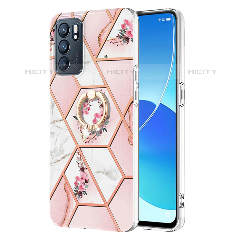 Funda Silicona Gel Goma Patron de Moda Carcasa con Anillo de dedo Soporte Y02B para Oppo Reno6 5G Rosa