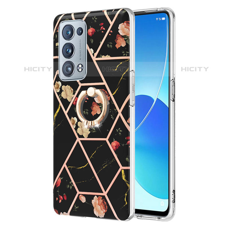 Funda Silicona Gel Goma Patron de Moda Carcasa con Anillo de dedo Soporte Y02B para Oppo Reno6 Pro 5G Negro