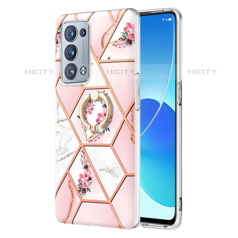 Funda Silicona Gel Goma Patron de Moda Carcasa con Anillo de dedo Soporte Y02B para Oppo Reno6 Pro+ Plus 5G Rosa